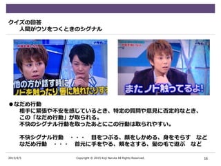 2015/4/5
クイズの回答
人間がウソをつくときのシグナル
●なだめ行動
相手に緊張や不安を感じているとき、特定の質問や意見に否定的なとき、
この「なだめ行動」が取られる。
不快のシグナル行動を取ったあとにこの行動は取られやすい。
不快シグナル行動 ・・・ 目をつぶる、顔をしかめる、身をそらす など
なだめ行動 ・・・ 首元に手をやる、頬をさする、髪の毛で遊ぶ など
16Copyright © 2015 Koji Naruta All Rights Reserved.
 