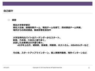 2015/4/5
自己紹介
○ 経歴
明治大学商学部卒
商社入社後、経理財務チーム、物流チームを経て、資材調達チーム所属。
海外からの資材調達、製造管理を担当中
大学生時代のバイトはバーテンダーからスタート。
新宿、乃木坂、六本木と渡り歩く。
お話したお客様は文字通り様々。
40才年上の方、建築家、音楽家、同業者、ホストさん、MBAホルダーなど
その後、スタートアップでインターン、個人事務所勤務、海外インターンなど
3Copyright © 2015 Koji Naruta All Rights Reserved.
 