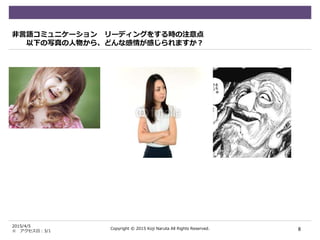 2015/4/5
※ アクセス日：3/1
非言語コミュニケーション リーディングをする時の注意点
以下の写真の人物から、どんな感情が感じられますか？
8Copyright © 2015 Koji Naruta All Rights Reserved.
 