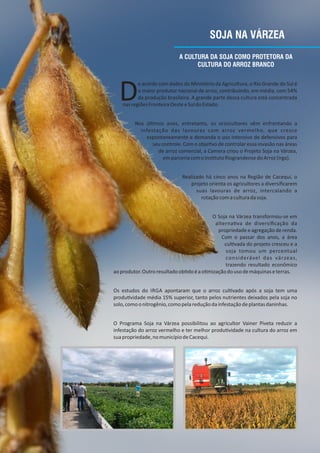 SOJA NA VÁRZEA
A CULTURA DA SOJA COMO PROTETORA DA
CULTURA DO ARROZ BRANCO
De acordo com dados do Ministério da Agricultura, o Rio Grande do Sul é
o maior produtor nacional de arroz, contribuindo, em média, com 54%
da produção brasileira. A grande parte dessa cultura está concentrada
nasregiõesFronteiraOesteeSuldoEstado.
Nos úl mos anos, entretanto, os orizicultores vêm enfrentando a
infestação das lavouras com arroz vermelho, que cresce
espontaneamente e demanda o uso intensivo de defensivos para
seu controle. Com o obje vo de controlar essa invasão nas áreas
de arroz comercial, a Camera criou o Projeto Soja na Várzea,
emparceriacomoIns tutoRiograndensedoArroz(Irga).
Realizado há cinco anos na Região de Cacequi, o
projeto orienta os agricultores a diversiﬁcarem
suas lavouras de arroz, intercalando a
rotaçãocomaculturadasoja.
O Soja na Várzea transformou‐se em
alterna va de diversiﬁcação da
propriedade e agregação de renda.
Com o passar dos anos, a área
cul vada do projeto cresceu e a
soja tomou um percentual
considerável das várzeas,
trazendo resultado econômico
aoprodutor.Outroresultadoob doéao mizaçãodousodemáquinaseterras.
Os estudos do IRGA apontaram que o arroz cul vado após a soja tem uma
produ vidade média 15% superior, tanto pelos nutrientes deixados pela soja no
solo,comoonitrogênio,comopelareduçãodainfestaçãodeplantasdaninhas.
O Programa Soja na Várzea possibilitou ao agricultor Vainer Piveta reduzir a
infestação do arroz vermelho e ter melhor produ vidade na cultura do arroz em
suapropriedade,nomunicípiodeCacequi.
 