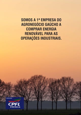 SOMOS A 1ª EMPRESA DO
AGRONEGÓCIO GAÚCHO A
COMPRAR ENERGIA
RENOVÁVEL PARA AS
OPERAÇÕES INDUSTRIAIS.
PARCERIA
 