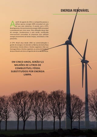 Apar r de agosto de 2012, a companhia passou a
u lizar apenas energia 100% renovável em seis
de suas sete indústrias. O acordo com a CPFL
Brasilgaranteofornecimentodeenergia100%renovável
e prevalecerá por cinco anos. Pela u lização desse po
de energia, receberemos o selo verde, cer ﬁcado
internacional concedido às empresas que u lizam
energia proveniente de fontes limpas, renováveis e não
poluentes.
A CPFL Brasil atua desde 2002 na comercialização e
gestão de energia e irá atender as fábricas de Santa Rosa
(alimentos), Estrela (óleos e farelos vegetais) e São Luiz
Gonzaga (óleos e farelos vegetais), as usinas de biodiesel
deIjuíeRosáriodoSuleoEngenhodeArrozdeSãoBorja.
EM CINCO ANOS, SERÃO 5,5
MILHÕES DE LITROS DE
COMBUSTÍVEL FÓSSIL
SUBSTITUÍDOS POR ENERGIA
LIMPA.
ENERGIA RENOVÁVEL
 
