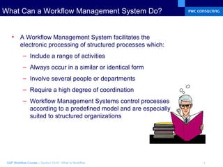 What Can a Workflow Management System Do? A Workflow Management System facilitates the electronic processing of structured processes which: Include a range of activities Always occur in a similar or identical form  Involve several people or departments Require a high degree of coordination Workflow Management Systems control processes according to a predefined model and are especially suited to structured organizations 