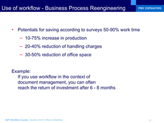 Use of workflow - Business Process Reengineering  Potentials for saving according to surveys 50-90% work time 10-75% increase in production 20-40% reduction of handling charges 30-50% reduction of office space Example: If you use workflow in the context of  document management, you can often reach the return of investment after 6 - 8 months 