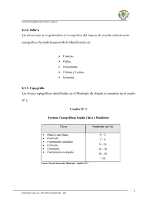 PLAN DE DESARROLLO MUNICIPAL “AIQUILE”




b.1.2. Relieve
Las elevaciones o irregularidades de la superficie del terreno, de acuerdo a observación

cartográfica efectuada ha permitido la identificación de:



                                            Terrazas.
                                            Valles.
                                            Piedemonte.
                                            Colinas y Lomas.
                                            Serranías.


b.1.3. Topografía
Las formas topográficas identificadas en el Municipio de Aiquile se muestran en el cuadro

Nº 2.

                                                    Cuadro N° 2

                            Formas Topográficas Según Clase y Pendiente

                                         Clase                             Pendiente (en %)

                      •    Plano o casi plano.                                  0–2
                      •    Ondulado.                                            2–8
                      •    Fuertemente ondulado.
                      •    Colinado                                             8 – 16
                      •    Escarpado.                                          16 – 30
                      •    Fuertemente escarpado.
                                                                               30 – 50
                                                                                 > 50
                     Fuente: Plan de Desarrollo Municipal “Aiquile 1999”




                                                                                              5
HONORABLE ALCALDIA MUNICIPAL GESTION 2005 - 2009
 