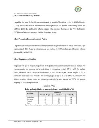 PLAN DE DESARROLLO MUNICIPAL “AIQUILE”

c.1.4. Población Rural y Urbana


La población rural de las 99 comunidades de la sección Municipal es de 18.900 habitantes
(72%), estos datos son el resultado del autodiagnóstico, las boletas familiares y datos del
CENSO 2001. La población urbana, según estas mismas fuentes es de 7381 habitantes
(28%) entre hombres, mujeres y niños de ambos sexos.


c.1.5. Población Económicamente Activa


La población económicamente activa empleada en la agricultura es de 7.839 habitantes, que
representa el 49.3 % de la población, de los cuales, el 50.7% trabaja en diferentes rubros,
datos del CENSO 2001.


c.1.6. Ocupación y Empleo


Se puede ver que la mayor proporción de la población económicamente activa, trabaja por
cuenta propia, por ejemplo en la agricultura el porcentaje es del 95 % , el 5 % trabaja
como jornalero, en el campo de la artesanía el del de 80 % por cuenta propia, el 20 %
jornalero, en la actividad pecuaria por cuenta propia es de 75 % y el 25 % es jornalero, por
último en otros rubros como ser comercio, carpintería, etc. trabaja un 90 % por cuenta
propia y el 10 % son jornaleros.
                                                    Cuadro N° 23
                   Principal actividad a la que se dedican y modalidad (en %)

                      Actividad                                      Modalidad
                                              Cuenta Propia           Jornalero              Total (%)
                      Agricultura                  95                      5                    100
                      Artesanía                    80                     20                    100
                      Pecuaria                     75                     25                    100
                      Otros                        90                     10                    100
                    Fuente: Elaboración propia en base a información de las Encuestas Familiares




                                                                                                         42
HONORABLE ALCALDIA MUNICIPAL GESTION 2005 - 2009
 