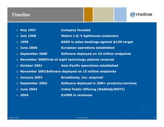 Timeline

         o  May 1997               Company founded

         o  July 1998              Motive 1.0; 5 lighthouse customers

         o  1999                   $60M in sales bookings against $12M target

         o  June 2000              European operations established

         o  September 2000         Software deployed on 10 million endpoints

         o  November 2000First of eight technology patents received

         o  October 2001           Asia-Pacific operations established

         o  November 2001Software deployed on 15 million endpoints

         o  January 2003           BroadJump, Inc. acquired

         o  September 2003         Software deployed in 30M+ products/services

         o  June 2004              Initial Public Offering (NASDAQ:MOTV)

         o  2004                   $100M in revenues




March 2, 2010                               www.motive.com                       47
 