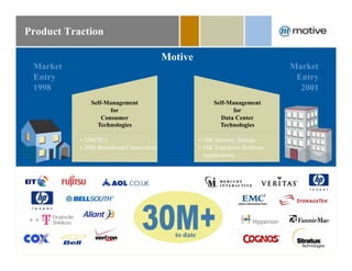 Product Traction

                                                Motive
        Market                                                                                Market
        Entry                                                                                  Entry
        1998                                                                                    2001
                     Self-Management                                  Self-Management
                            for                                              for
                         Consumer                                        Data Center
                       Technologies                                     Technologies

                 •  10M PCs                                      •  10K Servers, Storage
                 •  20M Broadband Connections                    •  10K Enterprise Software
                                                                    Applications




                                                      to date

March 2, 2010                                   www.motive.com                                         51
 