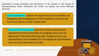 • Joint Resolutions -require the approval of both chambers of
Congress and the signature of the President, and have the
force and effect of a law if approved.
• Concurrent Resolutions used for matters affecting the
operations of both chambers of Congress and must be
approved in the same form by both houses, but are not
transmitted to the President for his signature and therefore
have no force and effect of a law.
Resolutions convey principles and sentiments of the Senate or the House of
Representatives. These resolutions can further be divided into three different
elements:
 
