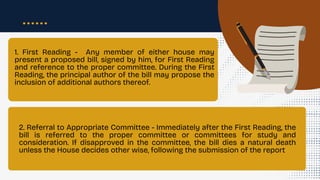 1. First Reading - Any member of either house may
present a proposed bill, signed by him, for First Reading
and reference to the proper committee. During the First
Reading, the principal author of the bill may propose the
inclusion of additional authors thereof.
2. Referral to Appropriate Committee - Immediately after the First Reading, the
bill is referred to the proper committee or committees for study and
consideration. If disapproved in the committee, the bill dies a natural death
unless the House decides other wise, following the submission of the report
 