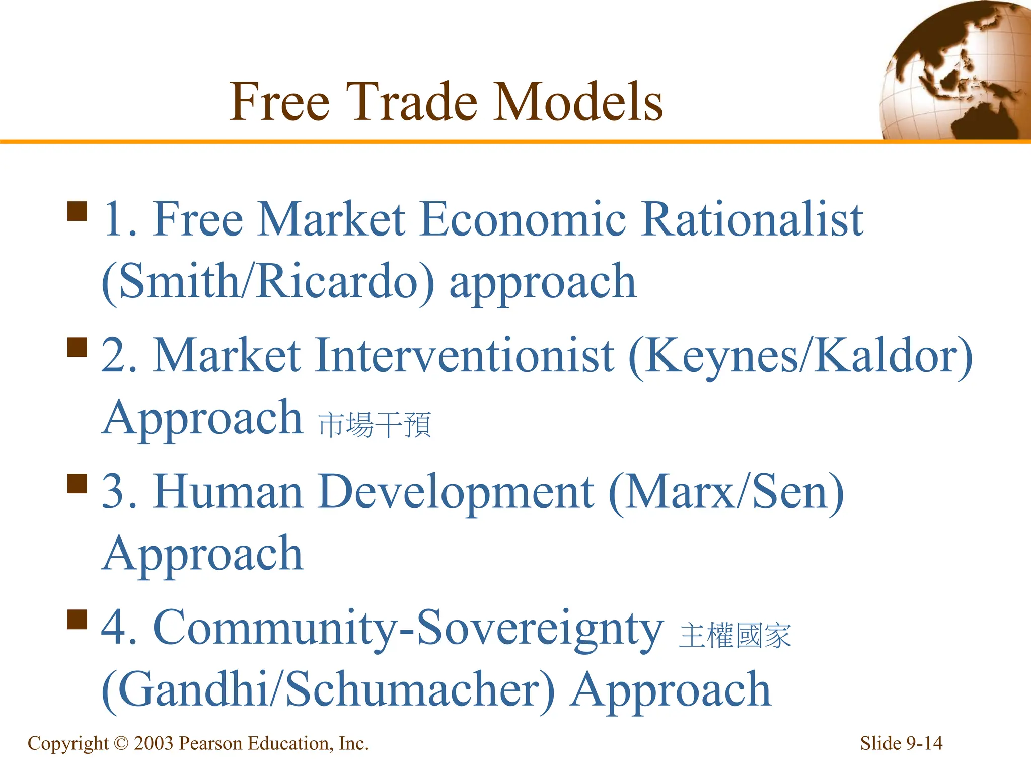 Free Trade Models
1. Free Market Economic Rationalist
(Smith/Ricardo) approach
2. Market Interventionist (Keynes/Kaldor)
Approach 市場干預
3. Human Development (Marx/Sen)
Approach
4. Community-Sovereignty 主權國家
(Gandhi/Schumacher) Approach
Slide 9-14
Copyright © 2003 Pearson Education, Inc.
 