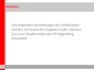 Hinweis



    Die folgenden Darstellungen der Fallbeispiele
   wurden auf Grund der Angaben in der Literatur
   (s.o.) von Studierenden der FH Hagenberg
   entwickelt
 