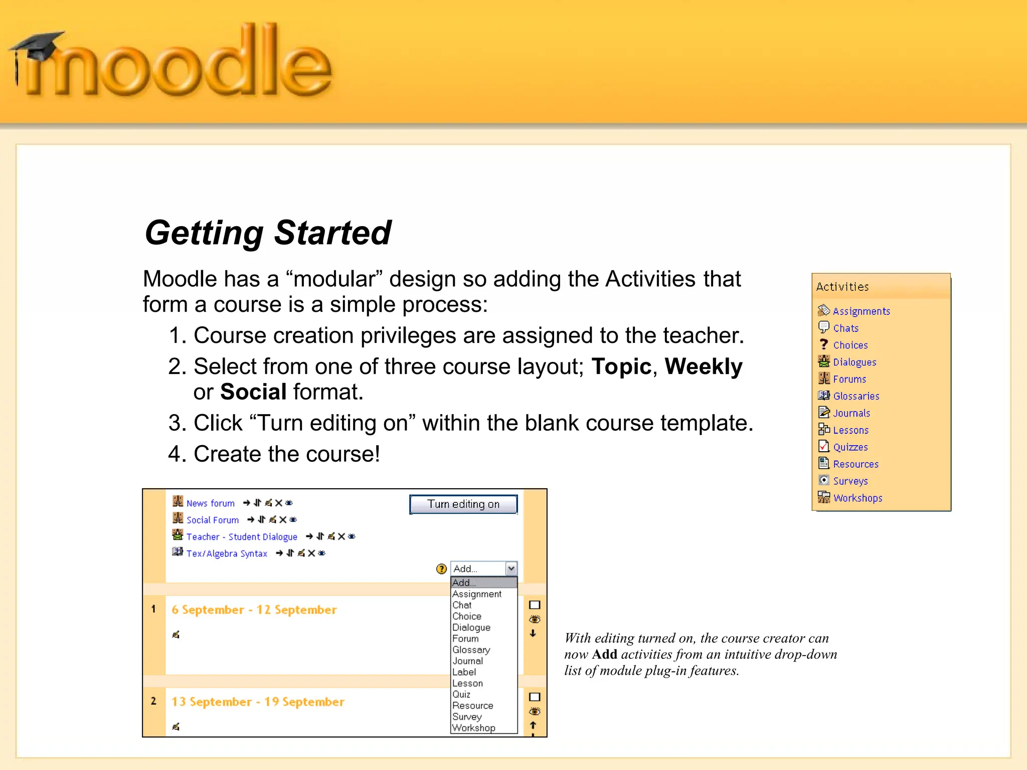 Getting Started
With editing turned on, the course creator can
now Add activities from an intuitive drop-down
list of module plug-in features.
Moodle has a “modular” design so adding the Activities that
form a course is a simple process:
1. Course creation privileges are assigned to the teacher.
2. Select from one of three course layout; Topic, Weekly
or Social format.
3. Click “Turn editing on” within the blank course template.
4. Create the course!
 