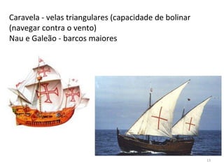 13
Caravela - velas triangulares (capacidade de bolinar
(navegar contra o vento)
Nau e Galeão - barcos maiores
 
