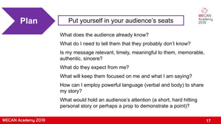 Put yourself in your audience’s seats
What does the audience already know?
What do I need to tell them that they probably don’t know?
Is my message relevant, timely, meaningful to them, memorable,
authentic, sincere?
What do they expect from me?
What will keep them focused on me and what I am saying?
How can I employ powerful language (verbal and body) to share
my story?
What would hold an audience’s attention (a short, hard hitting
personal story or perhaps a prop to demonstrate a point)?
Plan
17
 