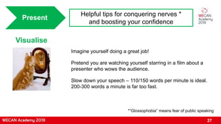 27
Present
Helpful tips for conquering nerves *
and boosting your confidence
Visualise
Imagine yourself doing a great job!
Pretend you are watching yourself starring in a film about a
presenter who wows the audience.
Slow down your speech – 110/150 words per minute is ideal.
200-300 words a minute is far too fast.
*“Glossophobia” means fear of public speaking
 