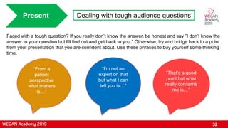 32
Present Dealing with tough audience questions
Faced with a tough question? If you really don’t know the answer, be honest and say ”I don’t know the
answer to your question but I’ll find out and get back to you.” Otherwise, try and bridge back to a point
from your presentation that you are confident about. Use these phrases to buy yourself some thinking
time.
“From a
patient
perspective
what matters
is…”
“I’m not an
expert on that
but what I can
tell you is…”
“That’s a good
point but what
really concerns
me is…”
 
