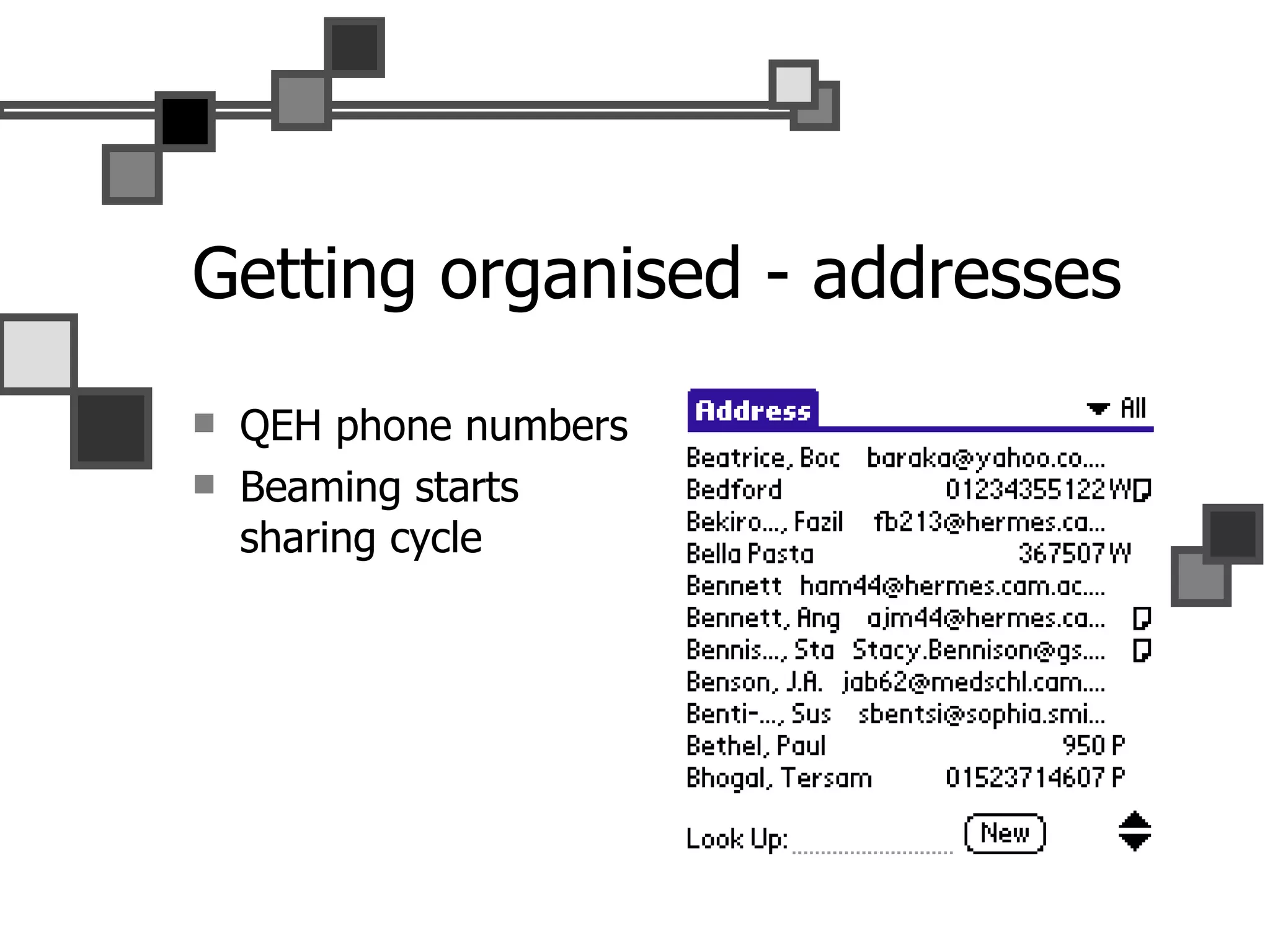 Getting organised - addresses QEH phone numbers Beaming starts sharing cycle 