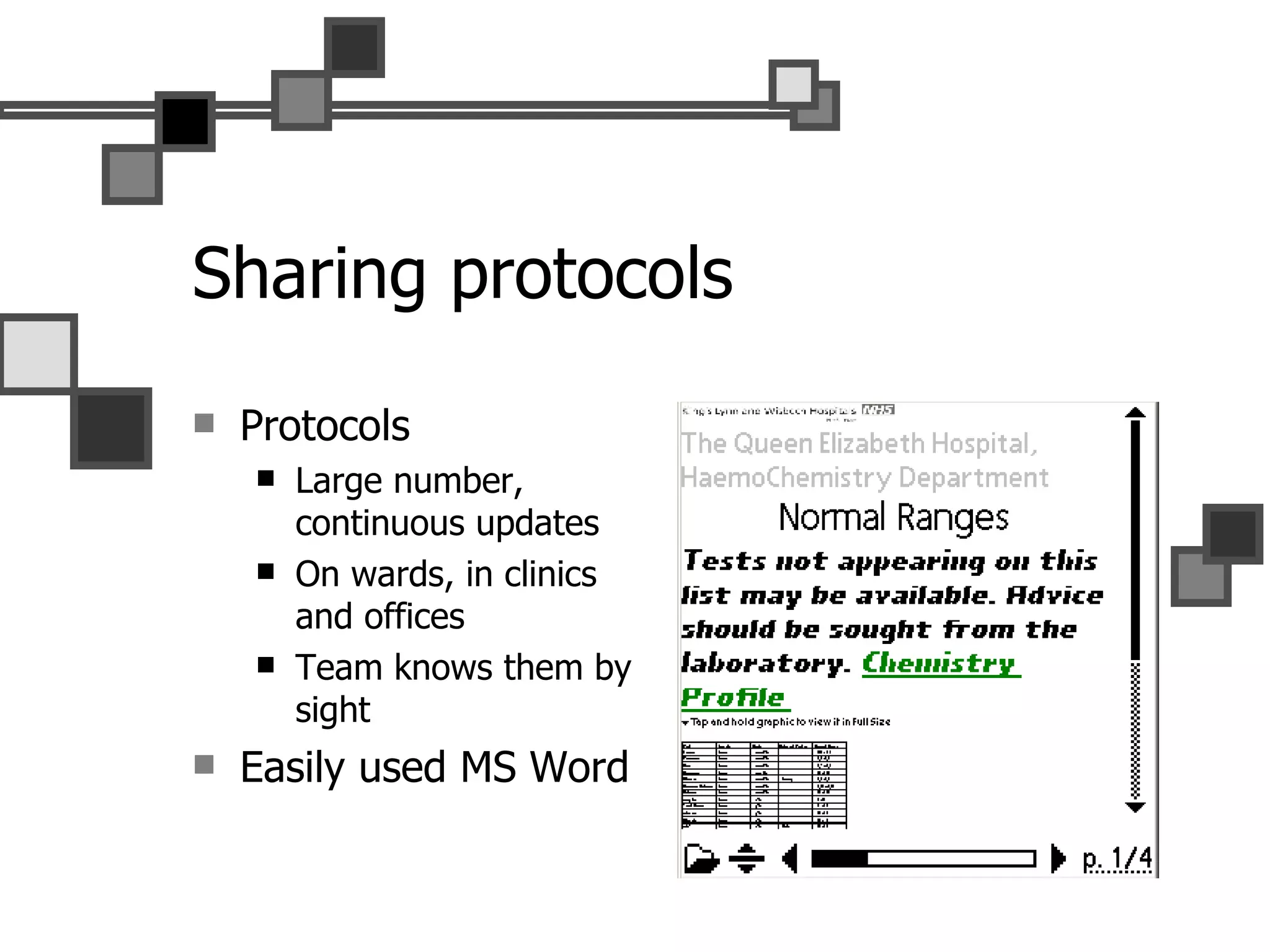 Sharing protocols Protocols Large number, continuous updates On wards, in clinics and offices Team knows them by sight Easily used MS Word 