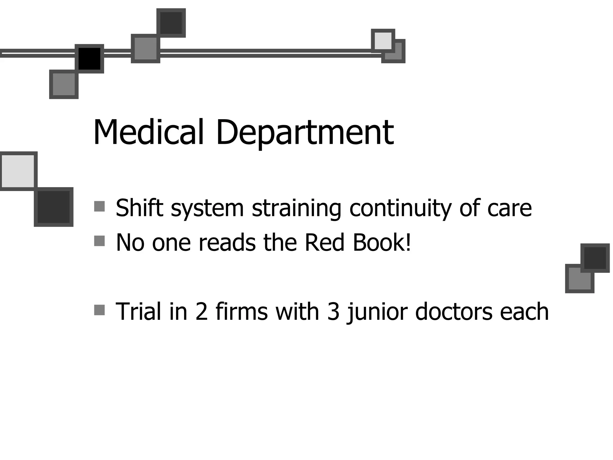 Medical Department  Shift system straining continuity of care No one reads the Red Book! Trial in 2 firms with 3 junior doctors each 