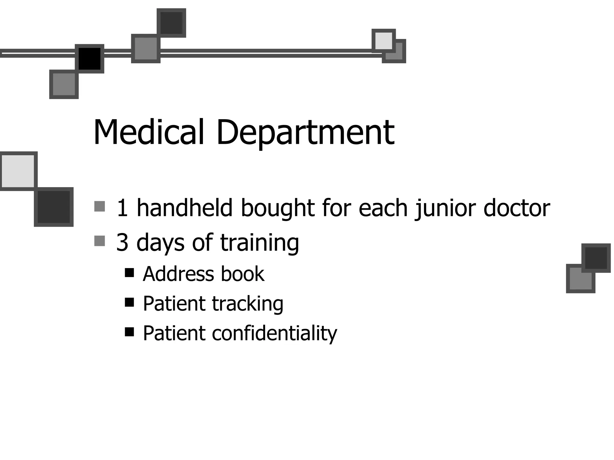 Medical Department 1 handheld bought for each junior doctor 3 days of training Address book Patient tracking Patient confidentiality 