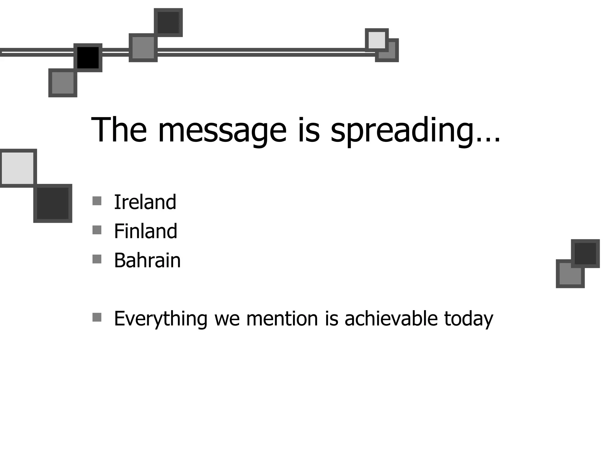 The message is spreading… Ireland Finland Bahrain Everything we mention is achievable today 