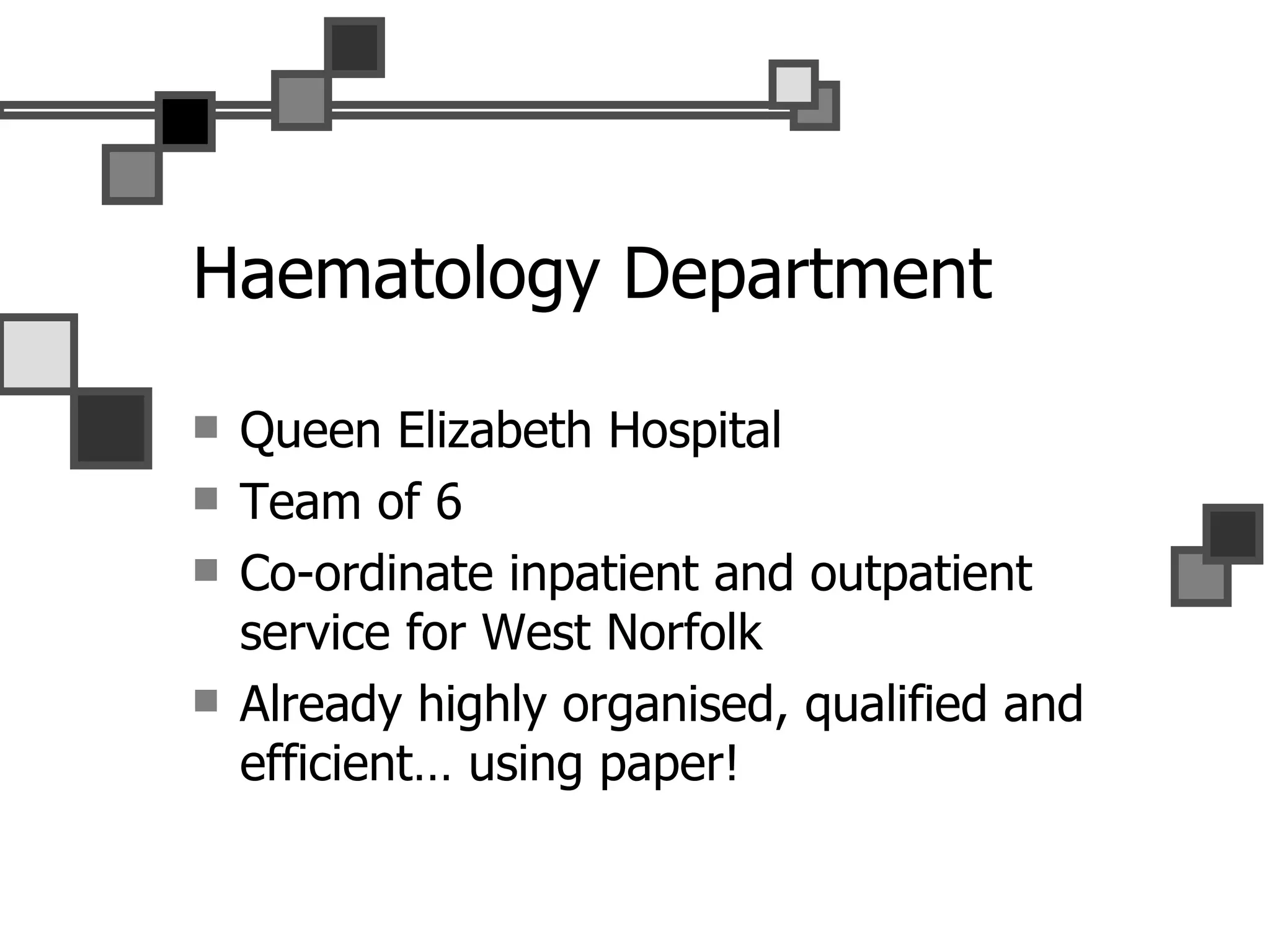Haematology Department Queen Elizabeth Hospital Team of 6 Co-ordinate inpatient and outpatient service for West Norfolk Already highly organised, qualified and efficient… using paper! 