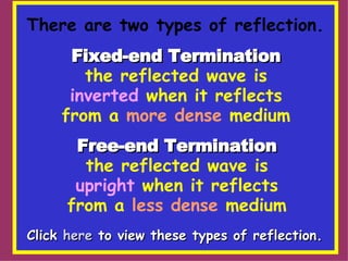 There are two types of reflection. Fixed-end Termination the reflected wave is inverted  when it reflects from a  more dense  medium Free-end Termination the reflected wave is upright  when it reflects from a  less dense  medium Click  here  to view these types of reflection. 