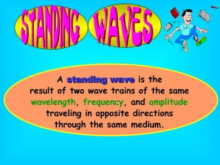A  standing wave  is the result of two wave trains of the same wavelength ,  frequency , and  amplitude traveling in opposite directions through the same medium. 