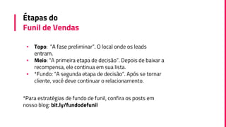 Étapas do
Funil de Vendas
▪ Topo: “A fase preliminar”. O local onde os leads
entram.
▪ Meio: “A primeira etapa de decisão”. Depois de baixar a
recompensa, ele continua em sua lista.
▪ *Fundo: “A segunda etapa de decisão”. Após se tornar
cliente, você deve continuar o relacionamento.
*Para estratégias de fundo de funil, confira os posts em
nosso blog: bit.ly/fundodefunil
 