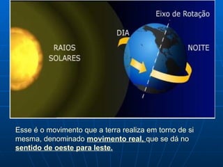 Esse é o movimento que a terra realiza em torno de si
mesma, denominado movimento real, que se dá no
sentido de oeste para leste.
 