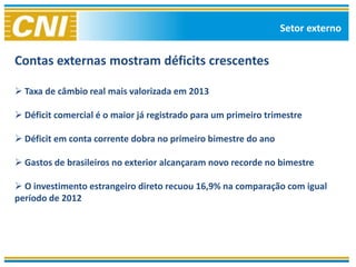Setor externo


Contas externas mostram déficits crescentes

 Taxa de câmbio real mais valorizada em 2013

 Déficit comercial é o maior já registrado para um primeiro trimestre

 Déficit em conta corrente dobra no primeiro bimestre do ano

 Gastos de brasileiros no exterior alcançaram novo recorde no bimestre

 O investimento estrangeiro direto recuou 16,9% na comparação com igual
período de 2012
 