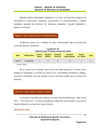 Gobierno Municipal de Sacabamba
                          Asociación de Municipios de Cochabamba



        Mediante Políticas Municipales Saludables en el marco del Desarrollo Integral local
fomentando la Información, educación, comunicación en comportamientos y hábitos
saludables apoyando las iniciativas de: Municipios Saludables, Escuelas Saludables y
Espacios recreativos.



 Número, Tipo y Cobertura por Establecimiento


        Sacabamba cuenta con 5 unidades de salud, administrados bajo la dirección del
Centro de Salud de Sacabamba.
                                       Cuadro Nº 18
                           Cobertura por Establecimiento de Salud
                             Centro    Hospital     Hospital     Instituto       Puesto
  RED        MUNICIPIO                                                                        Total
                             Salud      Básico      General    Especializado    de Salud

 TARATA       SACABAMBA        1          0            0             0              4          5

   Fuente: SEDES


        No se cuenta con un hospital, solo el Centro de Salud ubicado en el mismo centro
poblado de Sacabamba y 4 Puestos de Salud en las comunidades de Matarani, Apillapa,
Quecoma y Yuncataqui, que solo cuentan con una enfermera auxiliar para la atención de
pacientes.




 Atención según edad y Unidad de Salud


        La atención en las diferentes unidades de salud estan distribuidas por edad. El año
2007, 1.355 niños de 0 – 14 fueron atendidos por diferentes enfermedades, el puesto de
Salud de Matarani es el que tiene mayor atención.


Atención de niños

                                                                                        44
                    Dirección de Planificación Gestión Territorial y
                                 Desarrollo Productivo
                                                                               Diagnostico
 