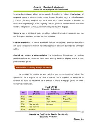 Gobierno Municipal de Sacabamba
                            Asociación de Municipios de Cochabamba

terrenos planos algunos utilizan tractor agrícola. Generalmente realizan el barbecho y el
empanto; donde la primera consiste en que después del primer riego se realiza la rayada
y cruzada con arado, luego se deja secar entre dos a cuatro semanas; el empanto se
refiere a un segundo riego, arada, rayada y rastrada, para que inmediatamente realicen la
siembra, este proceso se realiza principalmente para el cultivo de papa.


Siembra, para la siembra de todos los cultivos realizan el surcado en curvas de nivel con
uso de la yunta ya sea en terrenos planos o en ladera.


Control de malezas, el control de malezas realizan con carpidas, aporques manuales o
con yunta y el deshierbe manual, no existe reportes de aplicación de herbicidas en ningún
cultivo.


Control de plagas y enfermedades, los tratamientos fitosanitarios se realizan
principalmente en los cultivos de papa, haba, arveja y hortalizas. Algunos aplican al maíz
para control de gusano .


   Rotación de cultivos y manejo de suelos


           La rotación de cultivos es una práctica que permanentemente utilizan los
agricultores, en la mayoría de los casos lo realizan con el propósito de aprovechar la
fertilidad del suelo por lo general en la rotación el cultivo de la papa ya sea en tierras
nuevas y/o descansadas.
                                         Cuadro Nº 28
                                      Rotación de Cultivos
                             Tierra             Tierra              Tierra de
              Año
                            (Nueva)          (Descansada)          Producción
             Año 1   papa                  Papa                 Maíz
             Año 2   papa                  Maíz                 Trigo o Maíz
             Año 3   Maíz                  Trigo o arveja       descanso
             Año 4   Trigo o arveja        Descanso
             Año 5   Trigo o cebada
             Año 6   Descanso
                                                                                        59
                     Dirección de Planificación Gestión Territorial y
                                  Desarrollo Productivo
                                                                                Diagnostico
 