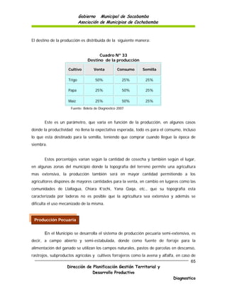 Gobierno Municipal de Sacabamba
                            Asociación de Municipios de Cochabamba



El destino de la producción es distribuida de la siguiente manera:


                                      Cuadro Nº 33
                                Destino de la producción

                    Cultivo        Venta          Consumo    Semilla

                    Trigo           50%              25%       25%

                    Papa            25%              50%       25%

                    Maíz            25%              50%       25%
                     Fuente: Boleta de Diagnostico 2007



       Este es un parámetro, que varia en función de la producción, en algunos casos
donde la productividad no llena la expectativa esperada, todo es para el consumo, incluso
lo que esta destinado para la semilla, teniendo que comprar cuando llegue la época de
siembra.


       Estos porcentajes varían según la cantidad de cosecha y también según el lugar,
en algunas zonas del municipio donde la topografía del terreno permite una agricultura
mas extensiva, la producción también será en mayor cantidad permitiendo a los
agricultores dispones de mayores cantidades para la venta, en cambio en lugares como las
comunidades de Llallagua, Chiara K’ochi, Yana Qaqa, etc., que su topografía esta
caracterizada por laderas no es posible que la agricultura sea extensiva y además se
dificulta el uso mecanizado de la misma.


 Producción Pecuaria


       En el Municipio se desarrolla el sistema de producción pecuaria semi-extensiva, es
decir, a campo abierto y semi-estabulada, donde como fuente de forraje para la
alimentación del ganado se utilizan los campos naturales, pastos de parcelas en descanso,
rastrojos, subproductos agrícolas y cultivos forrajeros como la avena y alfalfa, en caso de
                                                                                         65
                   Dirección de Planificación Gestión Territorial y
                                  Desarrollo Productivo
                                                                               Diagnostico
 