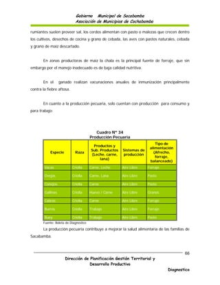 Gobierno Municipal de Sacabamba
                             Asociación de Municipios de Cochabamba

rumiantes suelen proveer sal, los cerdos alimentan con pasto o malezas que crecen dentro
los cultivos, desechos de cocina y grano de cebada, las aves con pastos naturales, cebada
y grano de maíz descartado.


       En zonas productoras de maíz la chala es la principal fuente de forraje, que sin
embargo por el manejo inadecuado es de baja calidad nutritiva.


       En el       ganado realizan vacunaciones anuales de inmunización principalmente
contra la fiebre aftosa.


       En cuanto a la producción pecuaria, solo cuentan con producción para consumo y
para trabajo:




                                          Cuadro Nº 34
                                       Producción Pecuaria
                                                                          Tipo de
                                        Productos y
                                                                       alimentación
                                       Sub. Productos   Sistemas de
            Especie          Raza                                        (Afrecho,
                                       (Leche, carne,   producción
                                                                          forraje,
                                            lana)
                                                                       balanceado)
        Vacas              Criolla     Carne, Leche     Aire Libre    Forraje

        Ovejas             Criolla     Carne, Lana      Aire Libre    Pasto

        Conejos            Criolla     Carne            Aire Libre    Pasto

        Gallinas           Criolla     Huevo / Carne    Aire Libre    Granos

        Cabras             Criolla     Carne            Aire Libre    Forraje

        Burros             Criolla     Trabajo          Aire Libre    Forraje

        Buey               Criolla     Trabajo          Aire Libre    Pasto
       Fuente: Boleta de Diagnostico

       La producción pecuaria contribuye a mejorar la salud alimentaría de las familias de
Sacabamba.



                                                                                        66
                      Dirección de Planificación Gestión Territorial y
                                   Desarrollo Productivo
                                                                                Diagnostico
 