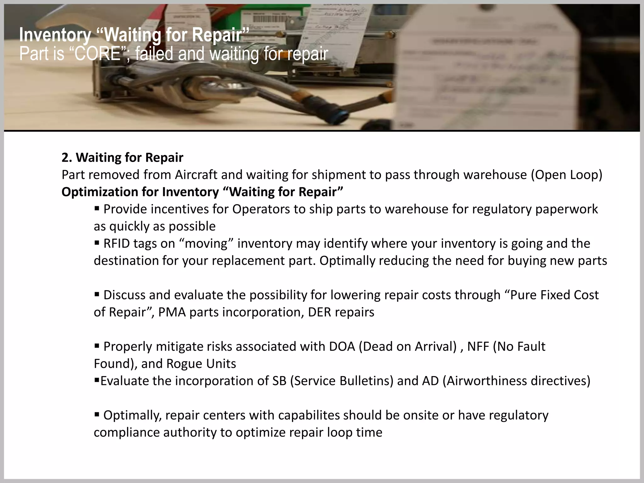 In the Air
Waiting for
Repair
In Repair
Waiting for
Use
The Repair Loop
CORE UNIT
- Inventory may sit in
Operators hangar or
warehouse for longer than
necessary
- The longer a CORE unit takes
to get through the loop, the
more money will be tied up
in inventory that we need to
hold to meet demand
patterns
SERVICEABLE
- The supply pattern for
rotables needs efficient
“transit time” for the CORE
unit to move through the
loop, and also the pricing ,
reliability and safety
parameters need to be
monitored for cost savings
and regulatory compliance
Optimizing the Repair Loop
The question is:
How do we keep
flying at the lowest
inventory costs
without sacrificing
the supply of
mission critical
components?
 