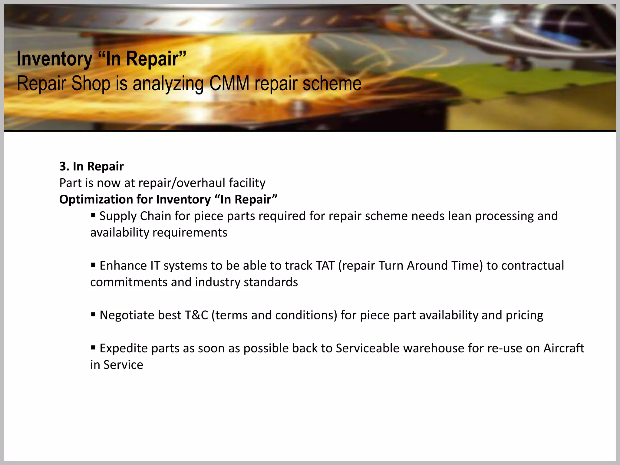 In the Air
Waiting for
Repair
In Repair
Waiting for
Use
The Repair Loop
CORE UNIT
- Inventory may sit in
Operators hangar or
warehouse for longer than
necessary
- The longer a CORE unit takes
to get through the loop, the
more money will be tied up
in inventory that we need to
hold to meet demand
patterns
SERVICEABLE
- The supply pattern for
rotables needs efficient
“transit time” for the CORE
unit to move through the
loop, and also the pricing ,
reliability and safety
parameters need to be
monitored for cost savings
and regulatory compliance
The Key: Optimizing the Repair Loop
The question is:
How do we keep
flying at the lowest
inventory costs
without sacrificing
the supply of
mission critical
components?
“ Optimize repair
cost and inventory
levels without
compromising
Customer Service
levels ”
 