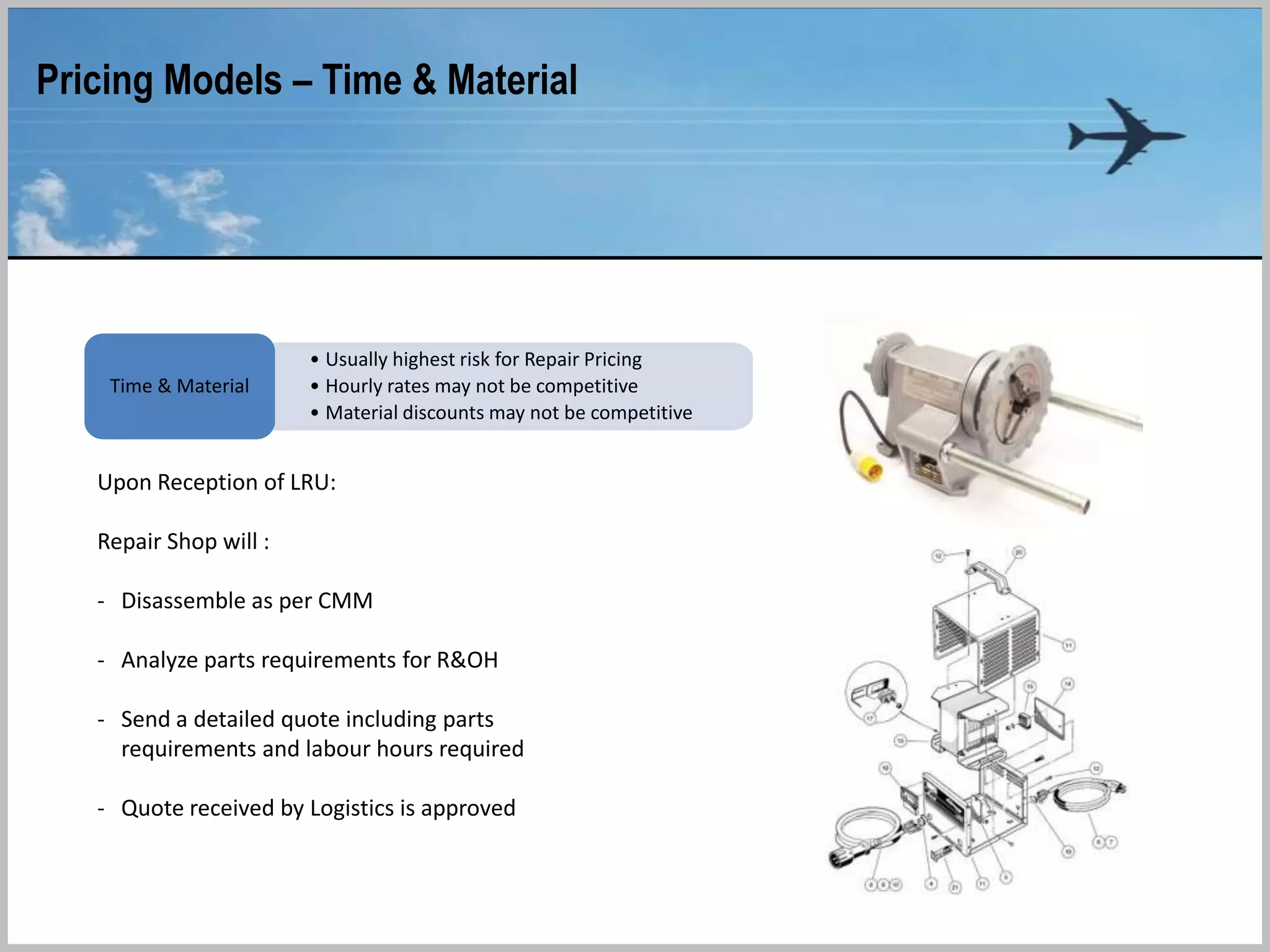 Component Repair Pricing models and their Application
Few MRO entities have the analytical power and data management
skills to support the systematic translation of raw data into the
actionable productivity metrics needed for continuous improvement.
Having that capability, an MRO organization can measure and
compare performance by mechanic and by work package, allowing
leading practices to be shared and effective remedial training to be
targeted. Time-based data can support better sequencing of work,
especially non-routine tasks. Rather than simply reacting,
management can discover variations early on and develop
corrective actions. - Deloitte
tdmc
 