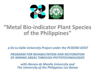 “Metal Bio-indicator Plant Species
of the Philippines”
a De La Salle University Project under the PCIEERD-DOST
PROGRAM FOR REHABILITATION AND RESTORATION
OF MINING AREAS THROUGH PHYTOTECHNOLOGIES
with Ateneo de Manila University and
The University of the Philippines Los Banos
 