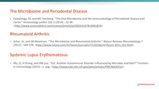 The Microbiome and Periodontal Disease
• Costalonga, M, and MC Herzberg. “The Oral Microbiome and the Immunobiology of Periodontal Disease and
Caries.” Immunology Letters 162.2 (2014) : 22-38.
<http://www.sciencedirect.com/science/article/pii/S0165247814001874>.
Rheumatoid Arthritis
Systemic Lupus Erythematosus
• Scher, JU, and SB Abramson. “The Microbiome and Rheumatoid Arthritis.” Nature Reviews Rheumatology 7
(2011) : 569-578. <http://www.nature.com/nrrheum/journal/v7/n10/abs/nrrheum.2011.121.html>.
• Mu, Q, H Zhang, and XM Luo. “SLE: Another Autoimmune Disorder Influenced by Microbes and Diet?” Frontiers
in Immunology (2015) : n. pag. <http://www.ncbi.nlm.nih.gov/pmc/articles/PMC4663251/>.
@DrBonnie360
 