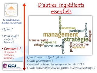 D’autres ingrédients
                                     essentiels
 Le développement
durable en questions

• Quoi ?

• Pour quoi ?
  => Qui ?
  Pour qui ?

• Comment ?
  => Quand ?
  Avec qui ?
  Combien ?            Quel itinéraire ? Quel rythme ?
                       Quelle gouvernance ?
                       Comment mobiliser les équipes autour du DD ?
                       Quelle concertation avec les parties intéressées externes ?
                                                                             20
 