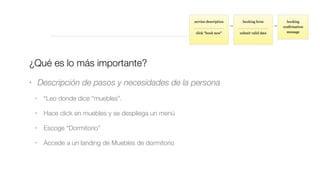 ¿Qué es lo más importante?
• Descripción de pasos y necesidades de la persona
• “Leo donde dice “muebles”.
• Hace click en muebles y se despliega un menú
• Escoge “Dormitorio”
• Accede a un landing de Muebles de dormitorio
 