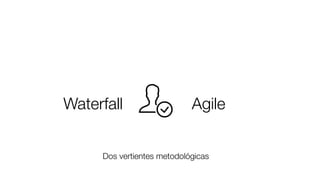 Waterfall
!
Agile
!
Dos vertientes metodológicas
 