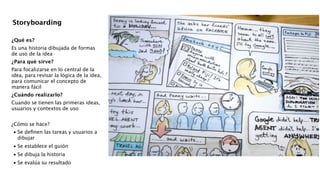 !
!
¿Qué es?
Es una historia dibujada de formas
de uso de la idea
¿Para qué sirve?
Para focalizarse en lo central de la
idea, para revisar la lógica de la idea,
para comunicar el concepto de
manera fácil
¿Cuándo realizarlo?
Cuando se tienen las primeras ideas,
usuarios y contextos de uso
!
¿Cómo se hace?

•
Se deﬁnen las tareas y usuarios a
dibujar 

•
Se establece el guión 

•
Se dibuja la historia 

•
Se evalúa su resultado 
!
Storyboarding
 