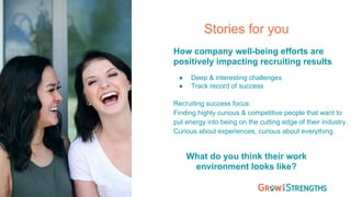 Stories for you
How company well-being efforts are
positively impacting recruiting results
●  Deep & interesting challenges
●  Track record of success
Recruiting success focus:
Finding highly curious & competitive people that want to
put energy into being on the cutting edge of their industry.
Curious about experiences, curious about everything.
What do you think their work
environment looks like?
 