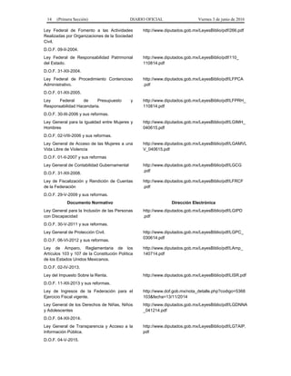 14 (Primera Sección) DIARIO OFICIAL Viernes 3 de junio de 2016
Ley Federal de Fomento a las Actividades
Realizadas por Organizaciones de la Sociedad
Civil.
D.O.F. 09-II-2004.
http://www.diputados.gob.mx/LeyesBiblio/pdf/266.pdf
Ley Federal de Responsabilidad Patrimonial
del Estado.
D.O.F. 31-XII-2004.
http://www.diputados.gob.mx/LeyesBiblio/pdf/110_
110814.pdf
Ley Federal de Procedimiento Contencioso
Administrativo.
D.O.F. 01-XII-2005.
http://www.diputados.gob.mx/LeyesBiblio/pdf/LFPCA
.pdf
Ley Federal de Presupuesto y
Responsabilidad Hacendaria.
D.O.F. 30-III-2006 y sus reformas.
http://www.diputados.gob.mx/LeyesBiblio/pdf/LFPRH_
110814.pdf
Ley General para la Igualdad entre Mujeres y
Hombres
D.O.F. 02-VIII-2006 y sus reformas.
http://www.diputados.gob.mx/LeyesBiblio/pdf/LGIMH_
040615.pdf
Ley General de Acceso de las Mujeres a una
Vida Libre de Violencia
D.O.F. 01-II-2007 y sus reformas
http://www.diputados.gob.mx/LeyesBiblio/pdf/LGAMVL
V_040615.pdf
Ley General de Contabilidad Gubernamental
D.O.F. 31-XII-2008.
http://www.diputados.gob.mx/LeyesBiblio/pdf/LGCG
.pdf
Ley de Fiscalización y Rendición de Cuentas
de la Federación
D.O.F. 29-V-2009 y sus reformas.
http://www.diputados.gob.mx/LeyesBiblio/pdf/LFRCF
.pdf
Documento Normativo Dirección Electrónica
Ley General para la Inclusión de las Personas
con Discapacidad
D.O.F. 30-V-2011 y sus reformas.
http://www.diputados.gob.mx/LeyesBiblio/pdf/LGIPD
.pdf
Ley General de Protección Civil.
D.O.F. 06-VI-2012 y sus reformas.
http://www.diputados.gob.mx/LeyesBiblio/pdf/LGPC_
030614.pdf
Ley de Amparo, Reglamentaria de los
Artículos 103 y 107 de la Constitución Política
de los Estados Unidos Mexicanos.
D.O.F. 02-IV-2013.
http://www.diputados.gob.mx/LeyesBiblio/pdf/LAmp_
140714.pdf
Ley del Impuesto Sobre la Renta.
D.O.F. 11-XII-2013 y sus reformas.
http://www.diputados.gob.mx/LeyesBiblio/pdf/LISR.pdf
Ley de Ingresos de la Federación para el
Ejercicio Fiscal vigente.
http://www.dof.gob.mx/nota_detalle.php?codigo=5368
103&fecha=13/11/2014
Ley General de los Derechos de Niñas, Niños
y Adolescentes
D.O.F. 04-XII-2014.
http://www.diputados.gob.mx/LeyesBiblio/pdf/LGDNNA
_041214.pdf
Ley General de Transparencia y Acceso a la
Información Pública.
D.O.F. 04-V-2015.
http://www.diputados.gob.mx/LeyesBiblio/pdf/LGTAIP.
pdf
 