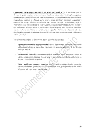 68
Competencia CREA PROYECTOS DESDE LOS LENGUAJES ARTÍSTICOS. El estudiante usa los
diversos lenguajes artísticos (artes visuales, música, danza, teatro, artes interdisciplinares y otros)
para expresar o comunicar mensajes, ideas y sentimientos. En la que pone en práctica habilidades
imaginativas, creativas y reflexivas para generar ideas, planificar, concretar propuestas y
evaluarlas de manera continua. Para lo cual hace uso de recursos y conocimientos que ha
desarrollado en su interacción con el entorno, con manifestaciones artístico-culturales diversas y
con los diversos lenguajes artísticos. Experimenta, investiga y aplica los diferentes materiales,
técnicas y elementos del arte con una intención específica. Así mismo, reflexiona sobre sus
procesos y creaciones y los socializa con otros, con el fin de seguir desarrollando sus capacidades
críticas y creativas.
Esta competencia implica la combinación de las siguientes capacidades:
 Explora y experimenta los lenguajes del arte: Significa experimentar, improvisar y desarrollar
habilidades en el uso de los medios, materiales, herramientas y técnicas de los diversos
lenguajes del arte.
 Aplica procesos creativos: Supone generar ideas, investigar, tomar decisiones y poner en
práctica sus conocimientos para elaborar un proyecto artístico individual o colaborativo en
relación a una intención específica.
 Evalúa y socializa sus procesos y proyectos: Significa registrar sus experiencias, comunicar
sus descubrimientos y compartir sus creaciones con otros, para profundizar en ellos y
reflexionar sobre sus ideas y experiencias.
 