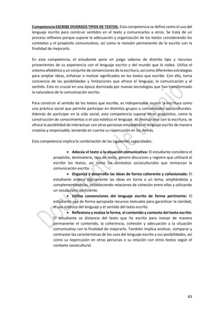 83
Competencia ESCRIBE DIVERSOS TIPOS DE TEXTOS. Esta competencia se define como el uso del
lenguaje escrito para construir sentidos en el texto y comunicarlos a otros. Se trata de un
proceso reflexivo porque supone la adecuación y organización de los textos considerando los
contextos y el propósito comunicativo, así como la revisión permanente de lo escrito con la
finalidad de mejorarlo.
En esta competencia, el estudiante pone en juego saberes de distinto tipo y recursos
provenientes de su experiencia con el lenguaje escrito y del mundo que lo rodea. Utiliza el
sistema alfabético y un conjunto de convenciones de la escritura, así como diferentes estrategias
para ampliar ideas, enfatizar o matizar significados en los textos que escribe. Con ello, toma
conciencia de las posibilidades y limitaciones que ofrece el lenguaje, la comunicación y el
sentido. Esto es crucial en una época dominada por nuevas tecnologías que han transformado
la naturaleza de la comunicación escrita.
Para construir el sentido de los textos que escribe, es indispensable asumir la escritura como
una práctica social que permite participar en distintos grupos o comunidades socioculturales.
Además de participar en la vida social, esta competencia supone otros propósitos, como la
construcción de conocimientos o el uso estético el lenguaje. Al involucrarse con la escritura, se
ofrece la posibilidad de interactuar con otras personas empleando el lenguaje escrito de manera
creativa y responsable, teniendo en cuenta su repercusión en los demás.
Esta competencia implica la combinación de las siguientes capacidades:
 Adecúa el texto a la situación comunicativa: El estudiante considera el
propósito, destinatario, tipo de texto, género discursivo y registro que utilizará al
escribir los textos, así como los contextos socioculturales que enmarcan la
comunicación escrita.
 Organiza y desarrolla las ideas de forma coherente y cohesionada: El
estudiante ordena lógicamente las ideas en torno a un tema, ampliándolas y
complementándolas, estableciendo relaciones de cohesión entre ellas y utilizando
un vocabulario pertinente.
 Utiliza convenciones del lenguaje escrito de forma pertinente: El
estudiante usa de forma apropiada recursos textuales para garantizar la claridad,
el uso estético del lenguaje y el sentido del texto escrito.
 Reflexiona y evalúa la forma, el contenido y contexto del texto escrito:
El estudiante se distancia del texto que ha escrito para revisar de manera
permanente el contenido, la coherencia, cohesión y adecuación a la situación
comunicativa con la finalidad de mejorarlo. También implica analizar, comparar y
contrastar las características de los usos del lenguaje escrito y sus posibilidades, así
como su repercusión en otras personas o su relación con otros textos según el
contexto sociocultural.
 
