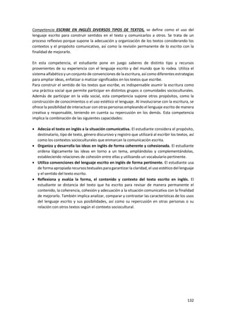 132
Competencia ESCRIBE EN INGLÉS DIVERSOS TIPOS DE TEXTOS, se define como el uso del
lenguaje escrito para construir sentidos en el texto y comunicarlos a otros. Se trata de un
proceso reflexivo porque supone la adecuación y organización de los textos considerando los
contextos y el propósito comunicativo, así como la revisión permanente de lo escrito con la
finalidad de mejorarlo.
En esta competencia, el estudiante pone en juego saberes de distinto tipo y recursos
provenientes de su experiencia con el lenguaje escrito y del mundo que lo rodea. Utiliza el
sistema alfabético y un conjunto de convenciones de la escritura, así como diferentes estrategias
para ampliar ideas, enfatizar o matizar significados en los textos que escribe.
Para construir el sentido de los textos que escribe, es indispensable asumir la escritura como
una práctica social que permite participar en distintos grupos o comunidades socioculturales.
Además de participar en la vida social, esta competencia supone otros propósitos, como la
construcción de conocimientos o el uso estético el lenguaje. Al involucrarse con la escritura, se
ofrece la posibilidad de interactuar con otras personas empleando el lenguaje escrito de manera
creativa y responsable, teniendo en cuenta su repercusión en los demás. Esta competencia
implica la combinación de las siguientes capacidades:
 Adecúa el texto en inglés a la situación comunicativa. El estudiante considera el propósito,
destinatario, tipo de texto, género discursivo y registro que utilizará al escribir los textos, así
como los contextos socioculturales que enmarcan la comunicación escrita.
 Organiza y desarrolla las ideas en inglés de forma coherente y cohesionada. El estudiante
ordena lógicamente las ideas en torno a un tema, ampliándolas y complementándolas,
estableciendo relaciones de cohesión entre ellas y utilizando un vocabulario pertinente.
 Utiliza convenciones del lenguaje escrito en inglés de forma pertinente. El estudiante usa
de forma apropiada recursos textuales para garantizar la claridad, el uso estético del lenguaje
y el sentido del texto escrito.
 Reflexiona y evalúa la forma, el contenido y contexto del texto escrito en inglés. El
estudiante se distancia del texto que ha escrito para revisar de manera permanente el
contenido, la coherencia, cohesión y adecuación a la situación comunicativa con la finalidad
de mejorarlo. También implica analizar, comparar y contrastar las características de los usos
del lenguaje escrito y sus posibilidades, así como su repercusión en otras personas o su
relación con otros textos según el contexto sociocultural.
 